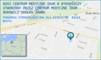 PORADNIA STOMATOLOGICZNA DLA DZIECI_BB - NZOZ CENTRUM MEDYCZNE IKAR W BYDGOSZCZY UTWORZONY PRZEZ CENTRUM MEDYCZNE IKAR - BOROWICZ SPÓŁKA JAWNA - BARYCKA 38/-,  BIAŁE BŁOTA