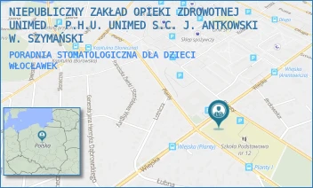PORADNIA STOMATOLOGICZNA DLA DZIECI - NIEPUBLICZNY ZAKŁAD OPIEKI ZDROWOTNEJ UNIMED - P.H.U. UNIMED S.C. J. ANTKOWSKI W. SZYMAŃSKI - WIEJSKA 29,  WŁOCŁAWEK