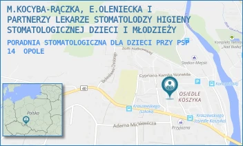 PORADNIA STOMATOLOGICZNA DLA DZIECI PRZY PSP 14 - M.KOCYBA-RĄCZKA, E.OLENIECKA I PARTNERZY LEKARZE STOMATOLODZY HIGIENY STOMATOLOGICZNEJ DZIECI I MŁODZIEŻY - UL. SZYMONA KOSZYKA 21,  OPOLE