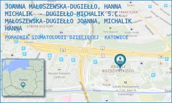 PORADNIA STOMATOLOGII DZIECIĘCEJ - JOANNA MAŁOSZEWSKA-DUGIEŁŁO, HANNA MICHALIK  - DUGIEŁŁO-MICHALIK S.C. MAŁOSZEWSKA-DUGIEŁŁO JOANNA, MICHALIK HANNA - SKWER WALENTEGO ROŹDZIEŃSKIEGO 90,  KATOWICE